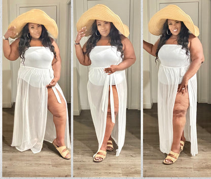 PLUS SIZE 2-PIECE HALTER BODYSUIT & MESH TIE SKIRT/COVER-UP