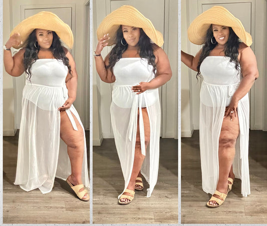 PLUS SIZE 2-PIECE HALTER BODYSUIT & MESH TIE SKIRT/COVER-UP