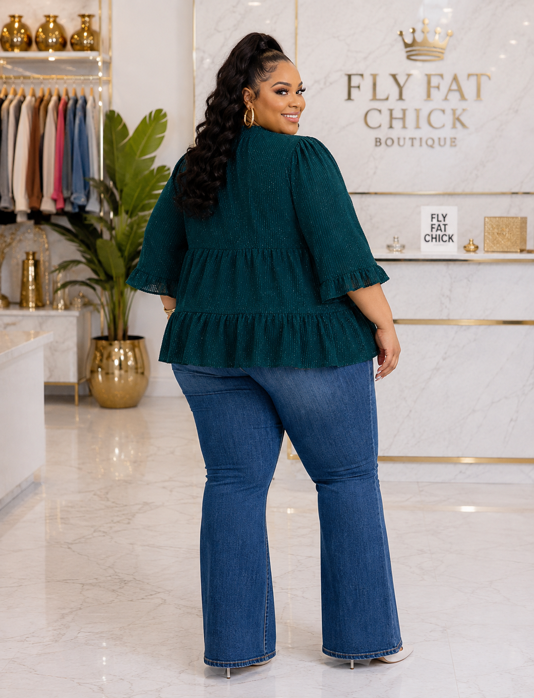 PLUS SIZE LONG SLEEVE MOCK NECK TIERED TUNIC SHIMMER BLOUSE