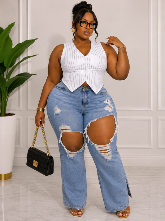 PLUS SIZE SLEEVELESS V-NECK BUTTON UP STRIPES VEST