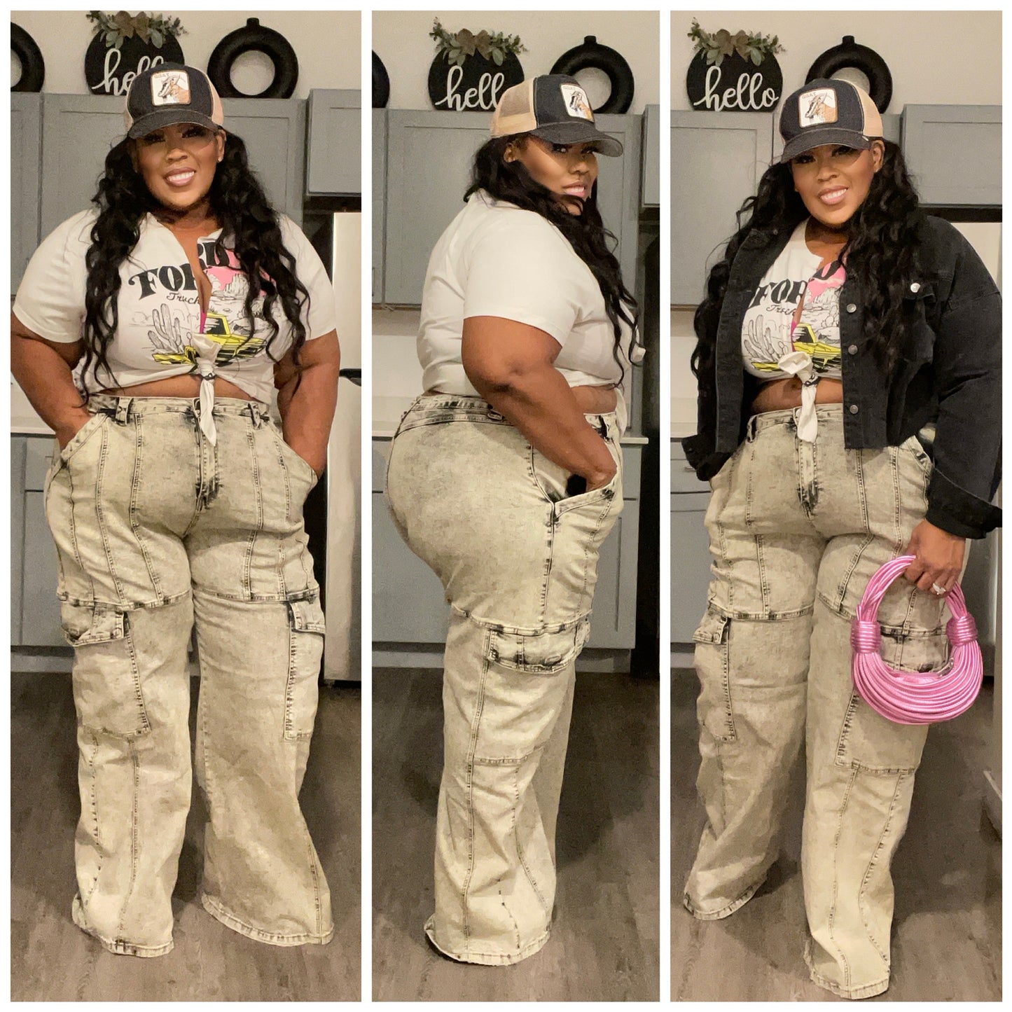 PLUS SIZE ACID WASH MULTI POCKET JEANS-TAN WASH