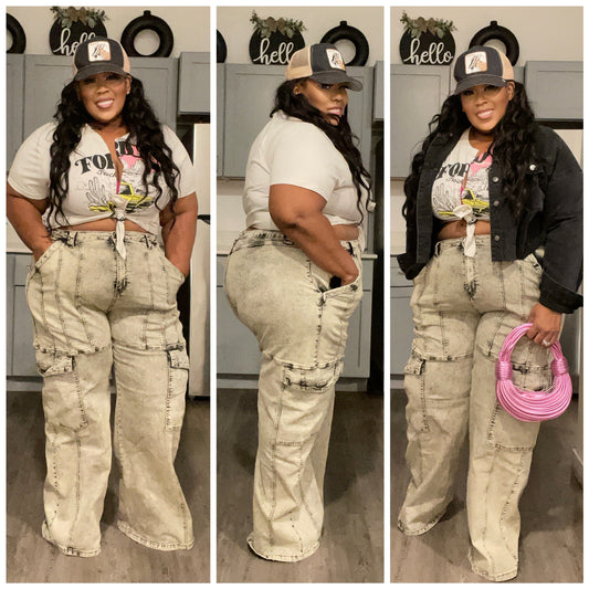 PLUS SIZE ACID WASH MULTI POCKET JEANS-TAN WASH