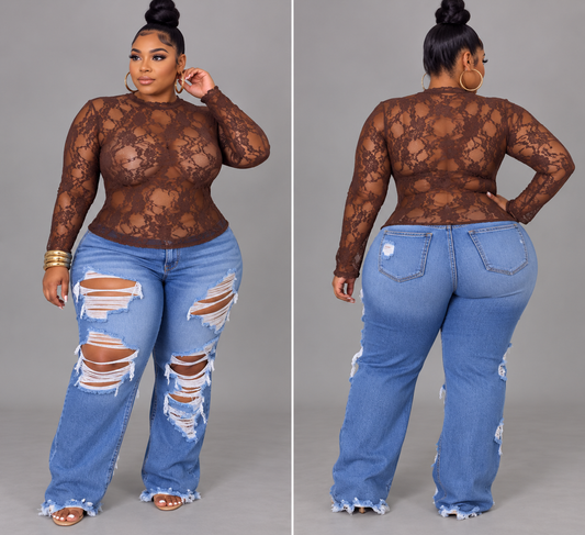 PLUS SIZE "FINE AS WINE LACE" TOP-BROWN-68