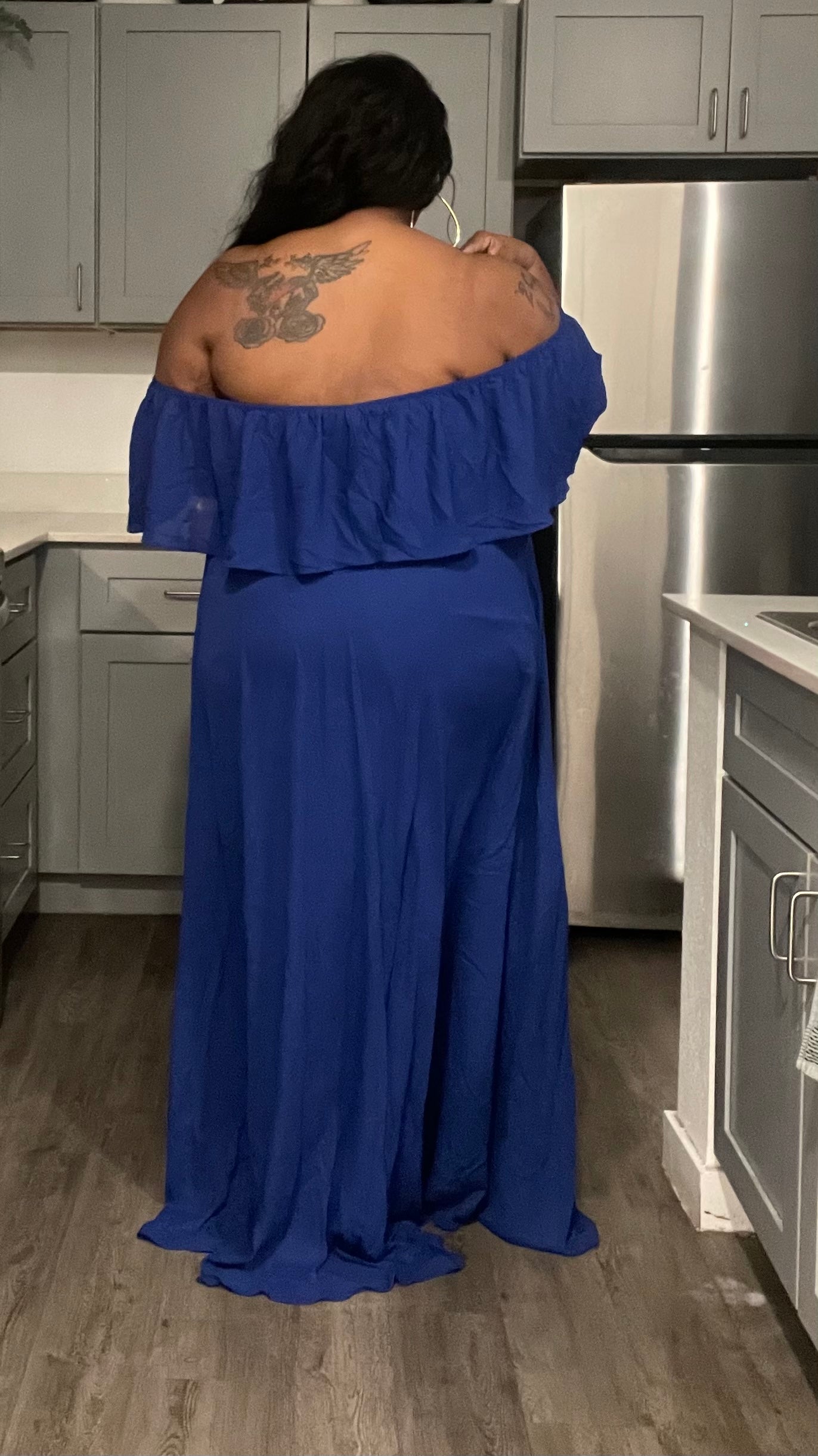 PLUS SIZE RUFFLE OFF SHOULDER ELASTIC WAIST MAXI DRESS-BLUE