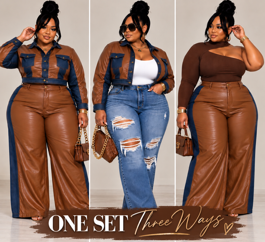 PLUS SIZE FAUX LEATHER 2-PIECE PANT SET-COGNAC/DENIM-30