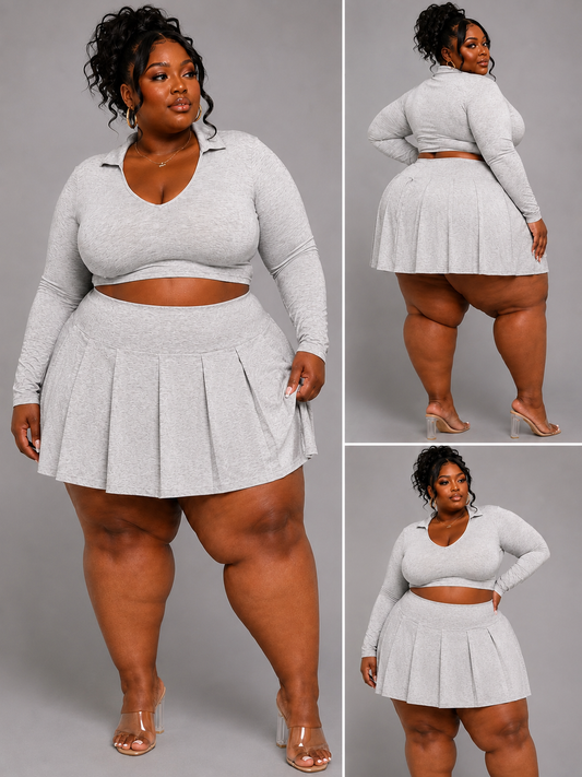 PLUS SIZE "PLEATES & PRESSURE" 2-PIECE SKIRT SET-GREY-06