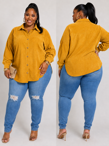PLUS SIZE LONG SLEEVE FRONT POCKET BUTTON UP CORDUROY SHIRT-MUSTARD-50