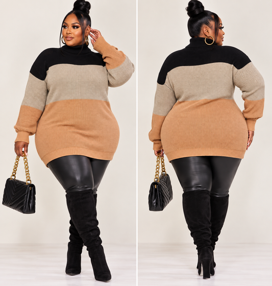 PLUS SIZE LONG SLEEVE TURTLE NECK COLORBLOCK PULLOVER KNIT SWEATER-16