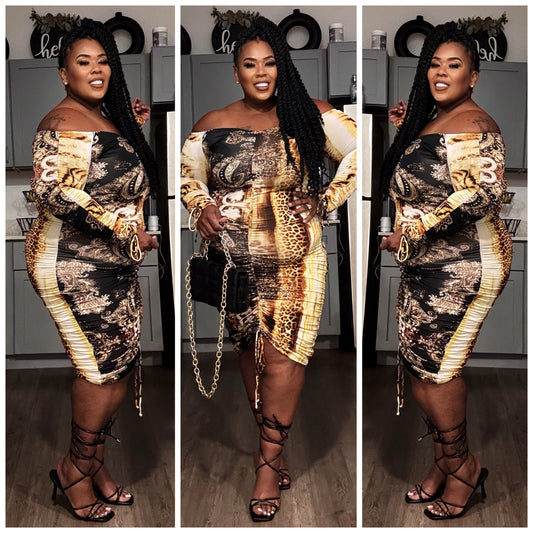 PLUS SIZE MULTI PRINTED MINI DRESS W/ SCRUNCH UP TIE