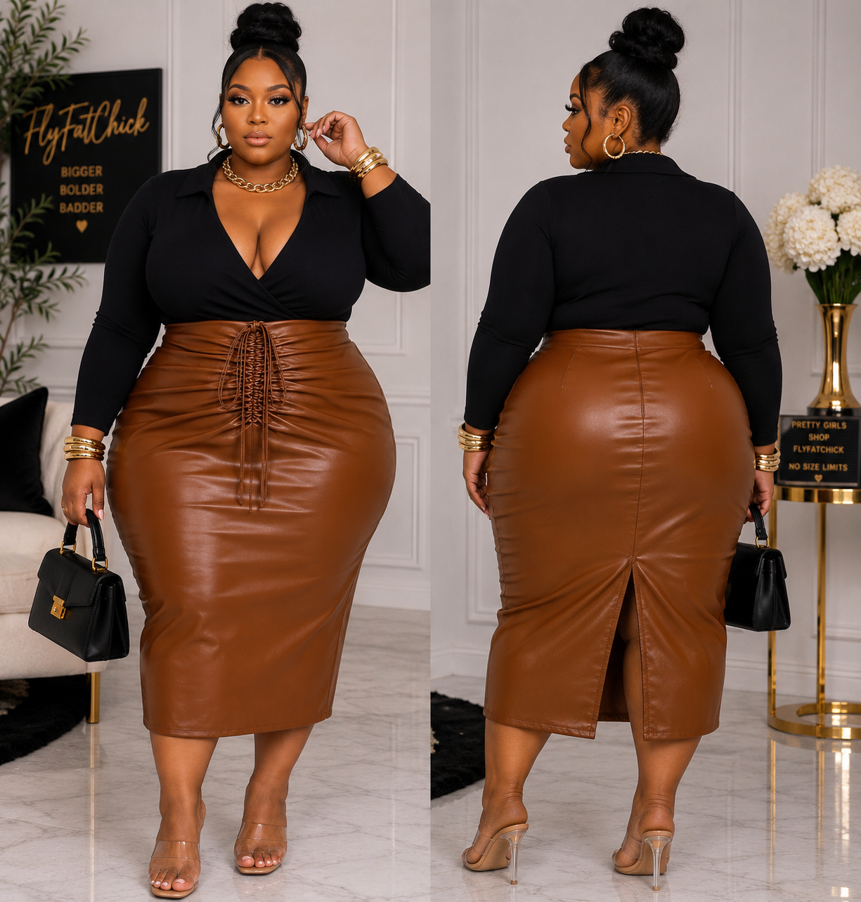PLUS SIZE Faux Leather Scrunch High Waist-Skirt-CAMEL
