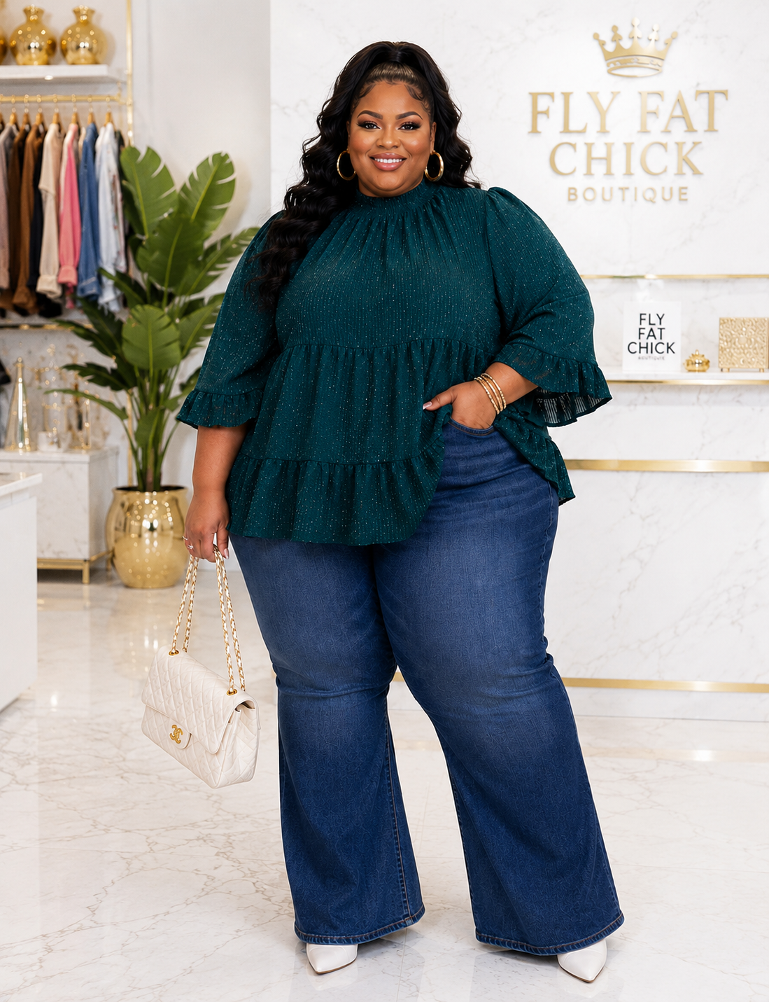 PLUS SIZE LONG SLEEVE MOCK NECK TIERED TUNIC SHIMMER BLOUSE