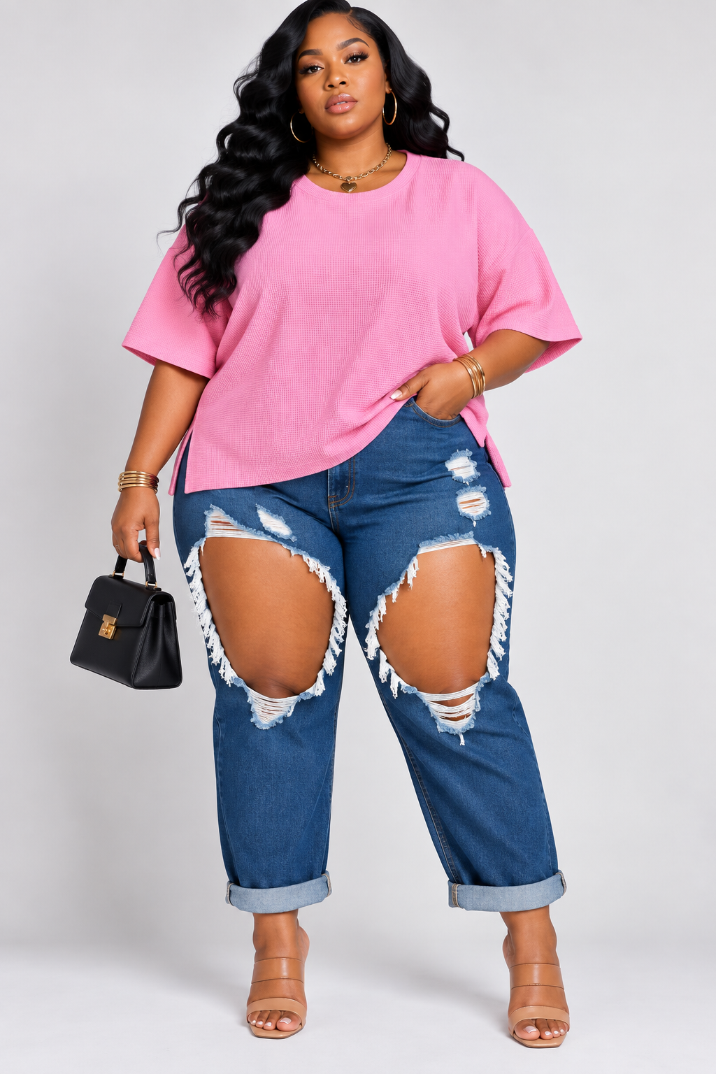 PLUS SIZE Double knit side slits hi low short sleeve top-CANDY PINK