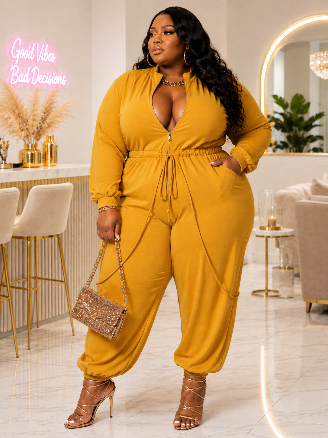 PLUS SIZE MUSTARD ZIP FRONT JUMPSUIT-