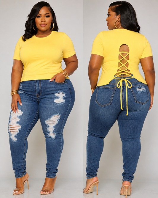 PLUS SIZE CAGED SEXY BACK TOP-YELOW-45
