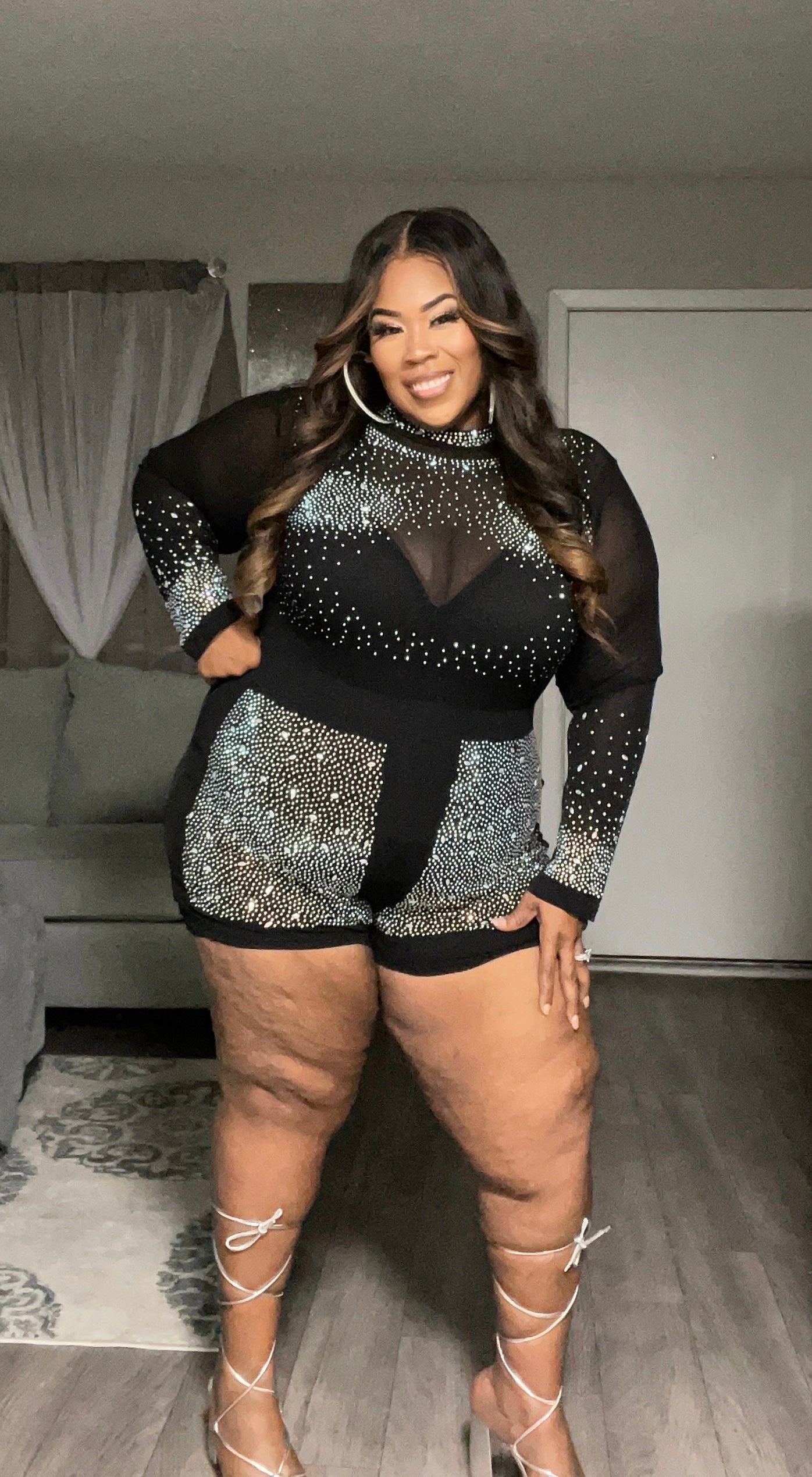 PLUS SIZE LONG SLEEVE MESH STUDS DETAILED ROMPER