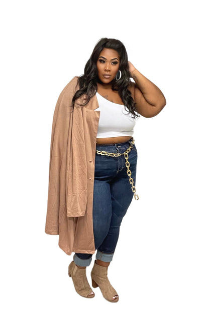 PLUS SIZE LONG DOUBLE BUTTON BLAZER/JACKET-KHAKI