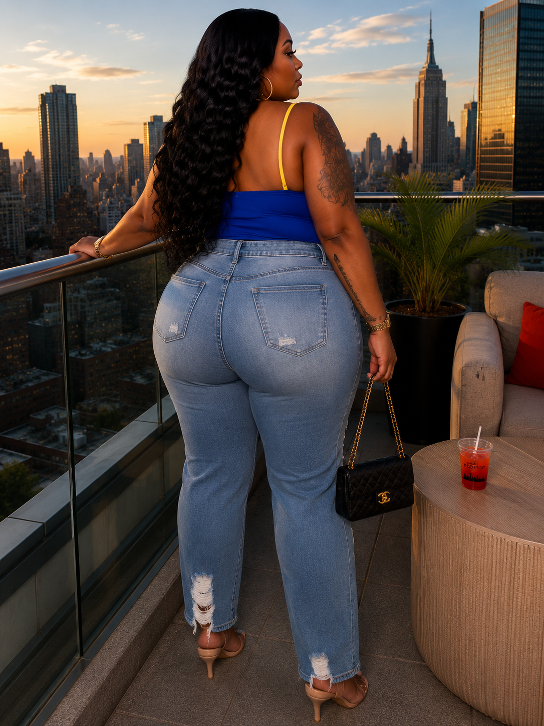 PLUS SIZE Cut Out Thighs Denim Jeans-39