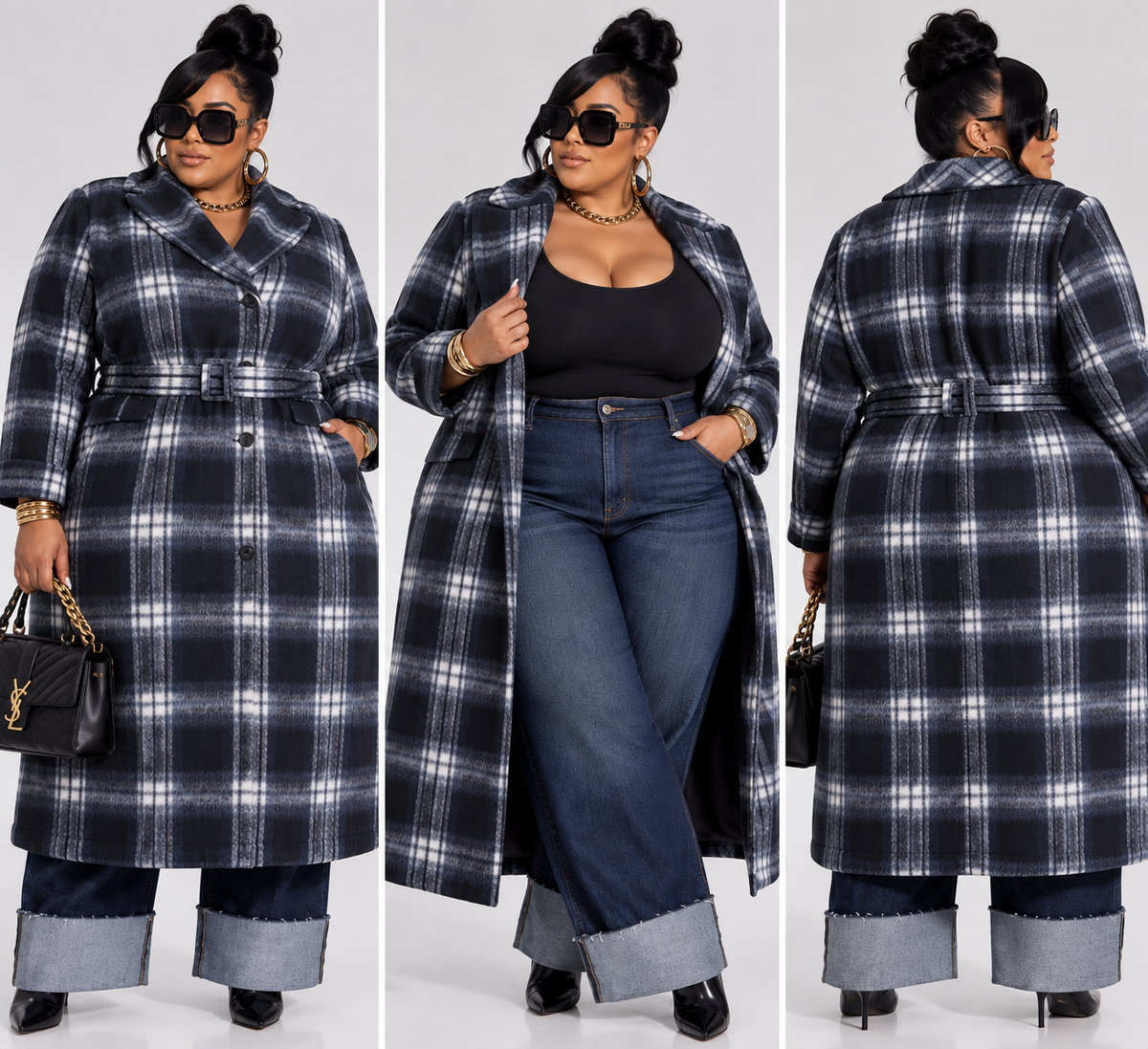 PLUS SIZE NAVY PLAID TRENCH COAT