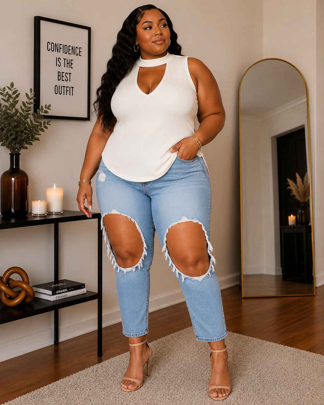 PLUS SIZE OFF WHITE CHOKER V-NECK RIBBED SLEEVELESS TOP-07