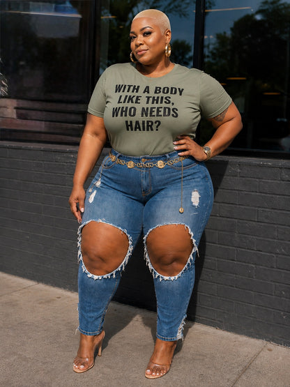 PLUS SIZE "WHO NEEDS HAIR" TEE-OLIVE