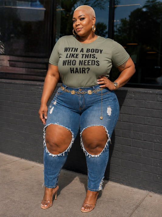 PLUS SIZE "WHO NEEDS HAIR" TEE-OLIVE
