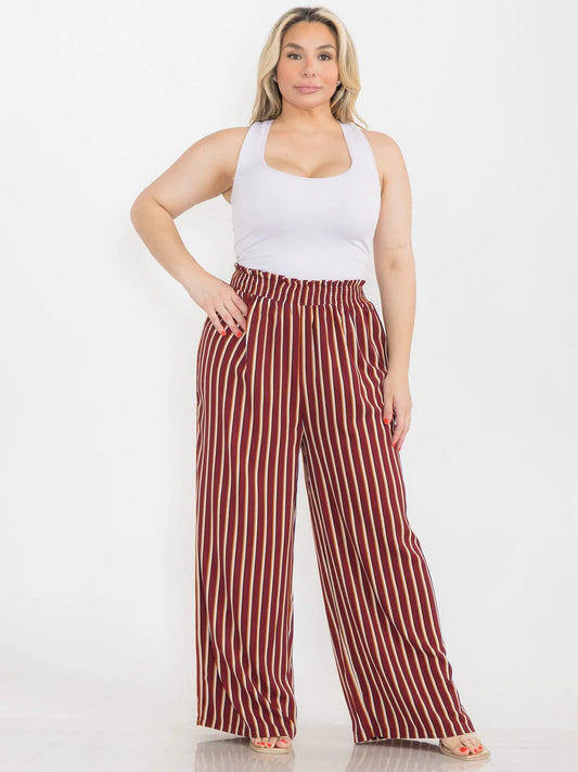PLUS SIZE STRIPED WIDE LEG PANTS-BURGUNDY MIX