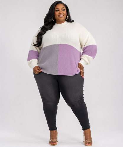 PLUS SIZE LONG SLEEVE MOCK NECK RIBBED COLOR-BLOCK-LILAC