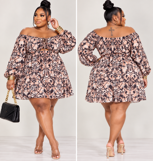 PLUS SIZE LONG PUFF SLEEVE FRONT CUT OUT MULTI PRINT TUNIC DRESS-60