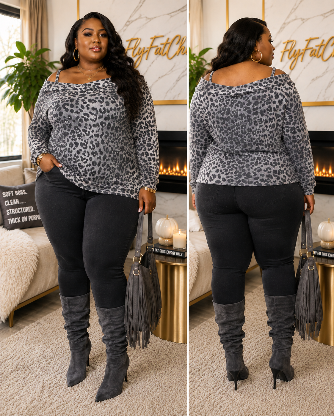 Fuzzy Leopard Off Shoulder Plus Top-GREY29 y)