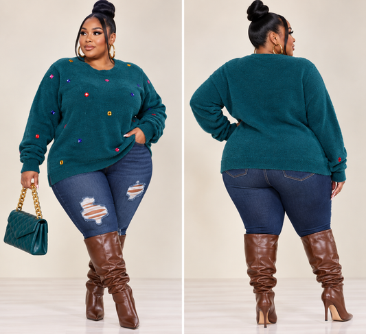 PLUS SIZE LONG SLEEVE STUDS PULLOVER SWEATER-47