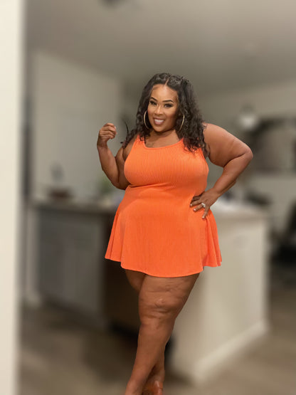 PLUS SIZE RIBBED FLARE MINI DRESS-ORANGE