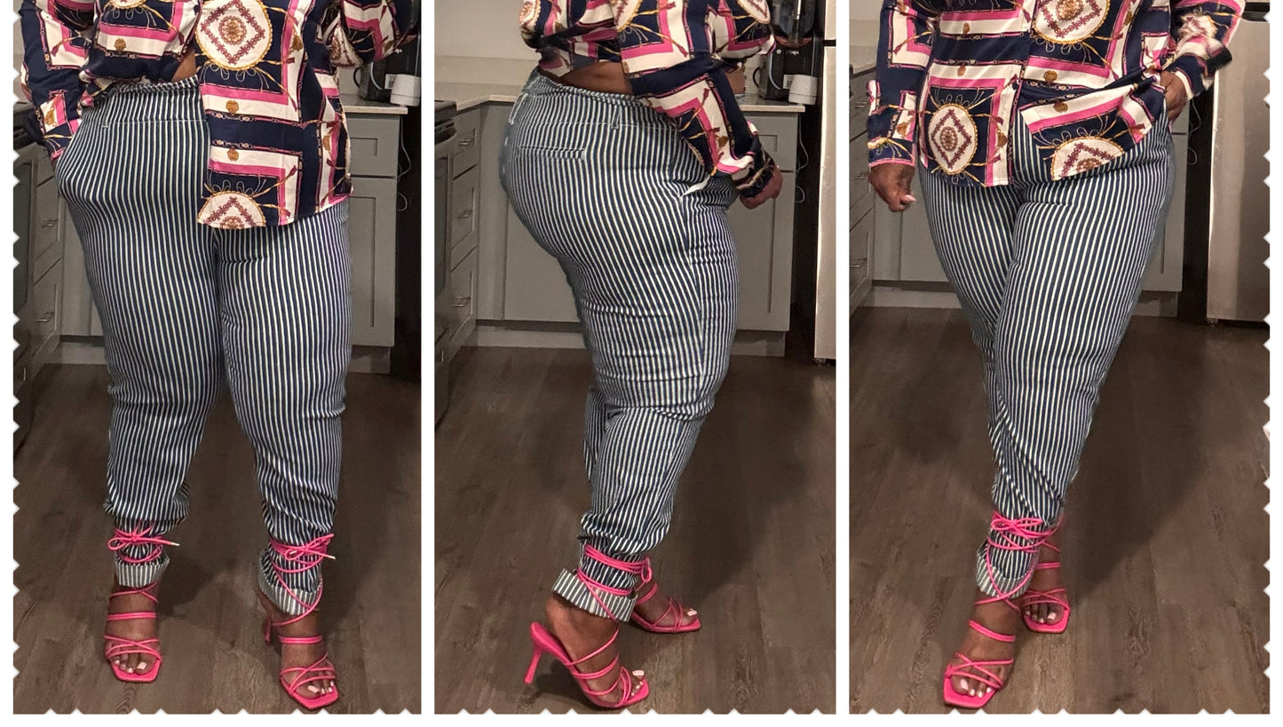 PLUS SIZE STRIPED PAPERBAG DENIM PANTS