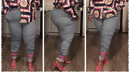 PLUS SIZE STRIPED PAPERBAG DENIM PANTS