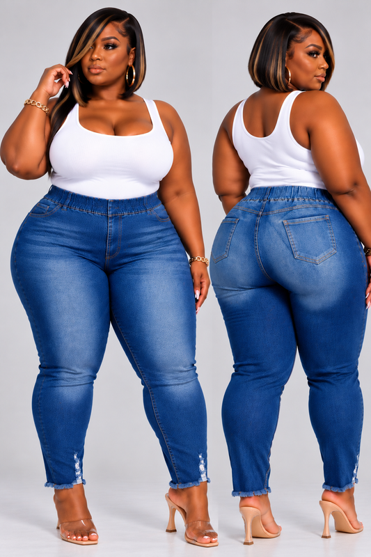 PLUS SIZE Elastic waist pockets stretch denim washed jeggings-74
