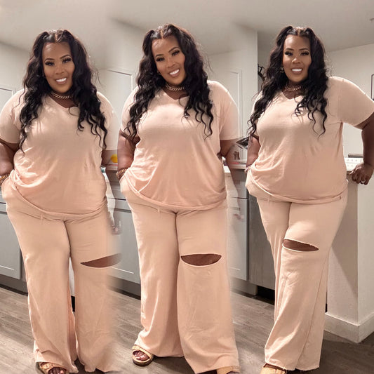 PLUS SIZE 2-PIECE OVERSIZED "JUST CHILL SET-PEACHY BLUSH