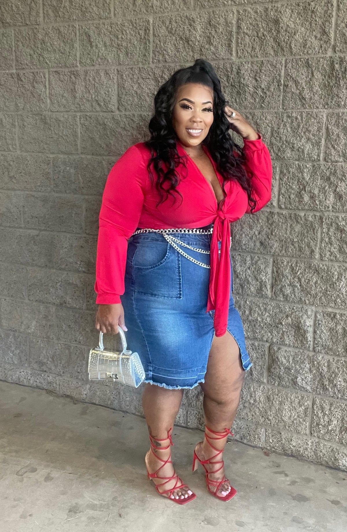 PLUS SIZE STRETCHY ZIPPER FRONT DENIM PENCIL SKIRT