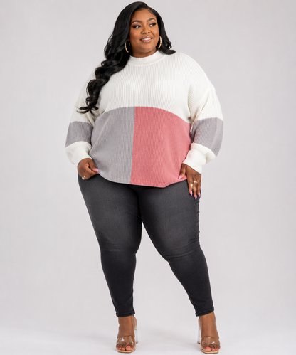 PLUS SIZE LONG SLEEVE MOCK NECK RIBBED COLOR-BLOCK-MAUVE