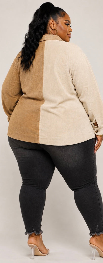 PLUS SIZE LONG SLEEVE BUTTON UP COLORBLOCK CORDUROY SHIRT