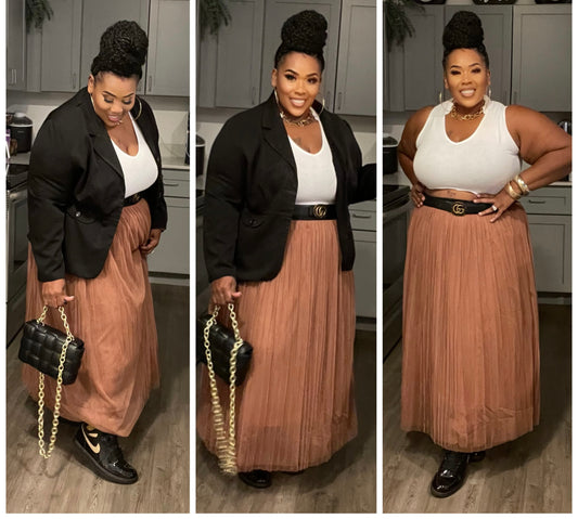 Plus Size high waist pleated long skirt-ALMOND