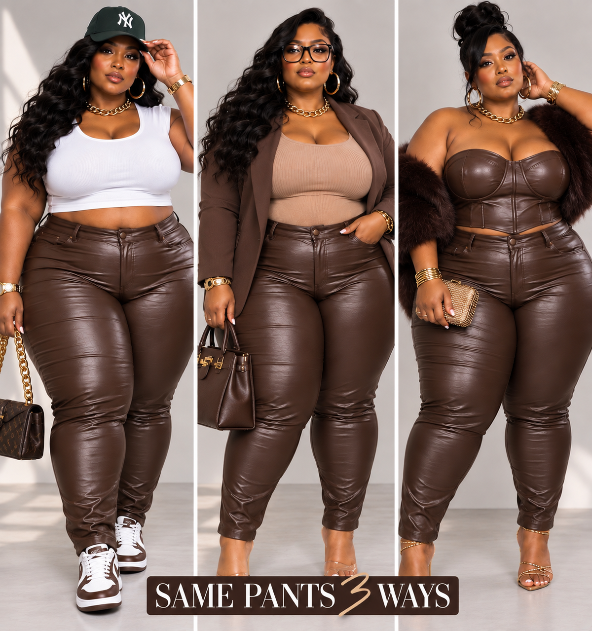 PLUS SIZE FAUX LEATHER PAINTED ON SKINNY STRAIGHT LEG PANTS-BROWN-70