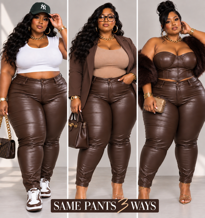 PLUS SIZE FAUX LEATHER PAINTED ON SKINNY STRAIGHT LEG PANTS-BROWN-70