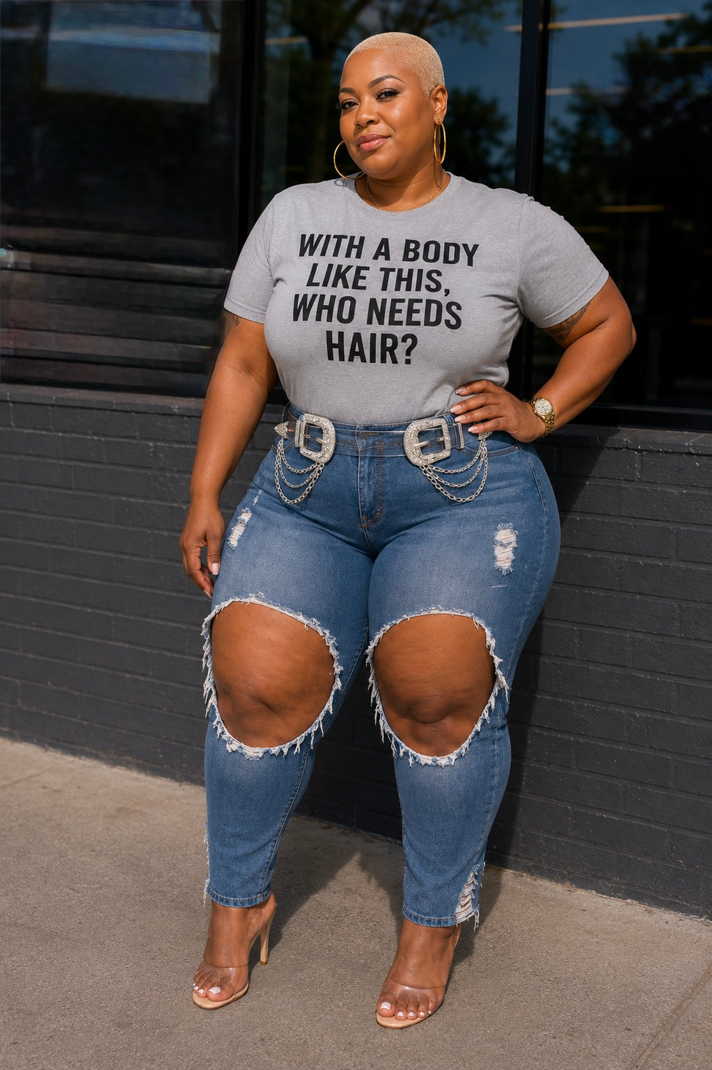 PLUS SIZE "WHO NEEDS HAIR" TEE-GREY