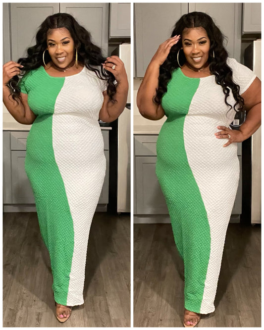 PLUS SIZE HALF & HALF MAXI DRESS-GREEN/WHITE