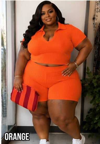 PLUS SIZE "SOMETHING SLIGHT" 2-PIECE RIBBED SHORT SET-ORANGE-29
