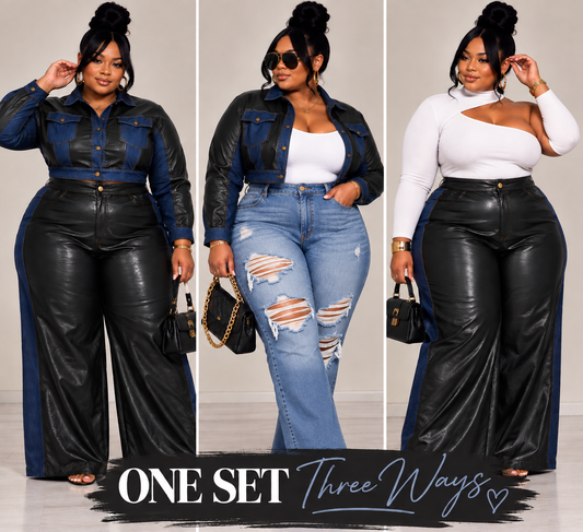 PLUS SIZE FAUX LEATHER 2-PIECE PANT SET-BLACK/DENIM-31