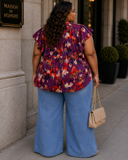 PLUS SIZE MULTI PRINTED RUFFLE SLEEVE TOP