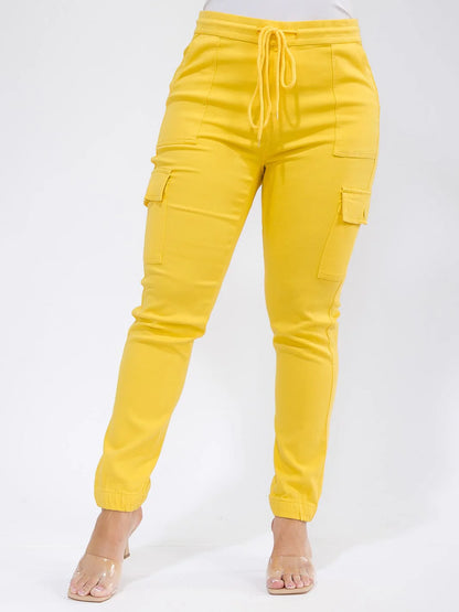 PLUS SIZE ELASTIC WAIST SELF TIE CARGO POCKETS JOGGER PANTS-YELLOW-13