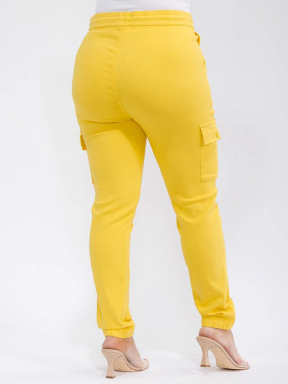 PLUS SIZE ELASTIC WAIST SELF TIE CARGO POCKETS JOGGER PANTS-YELLOW-13