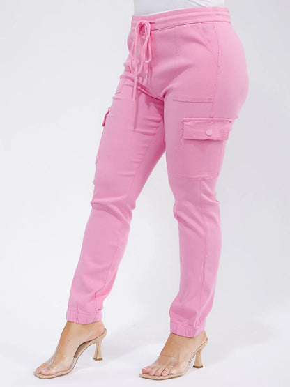 PLUS SIZE ELASTIC WAIST SELF TIE CARGO POCKETS JOGGER PANTS-PINK-13