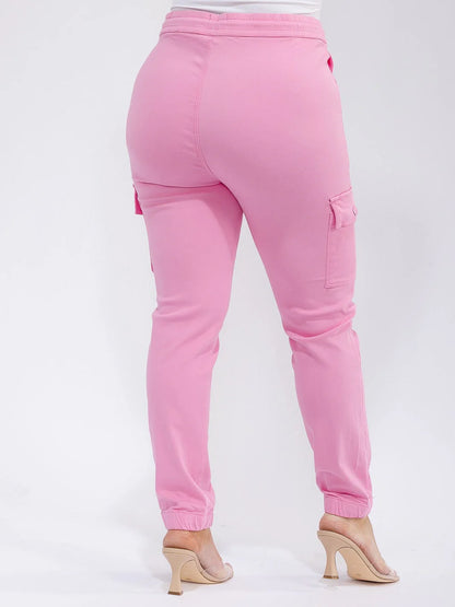 PLUS SIZE ELASTIC WAIST SELF TIE CARGO POCKETS JOGGER PANTS-PINK-13